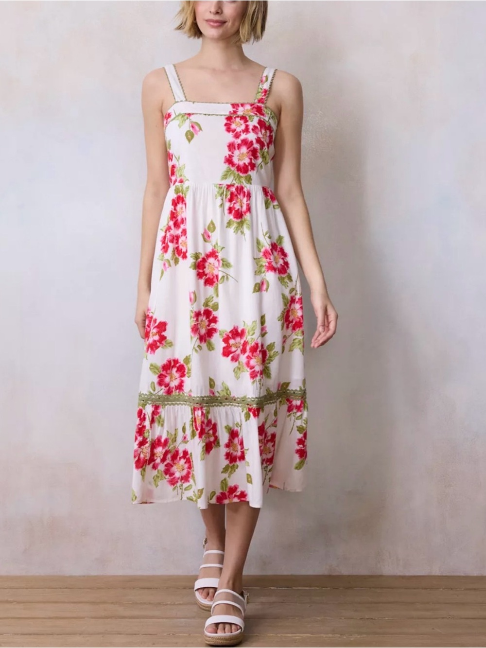 LC Lauren Conrad White Midi Dress with Pink Floral Print